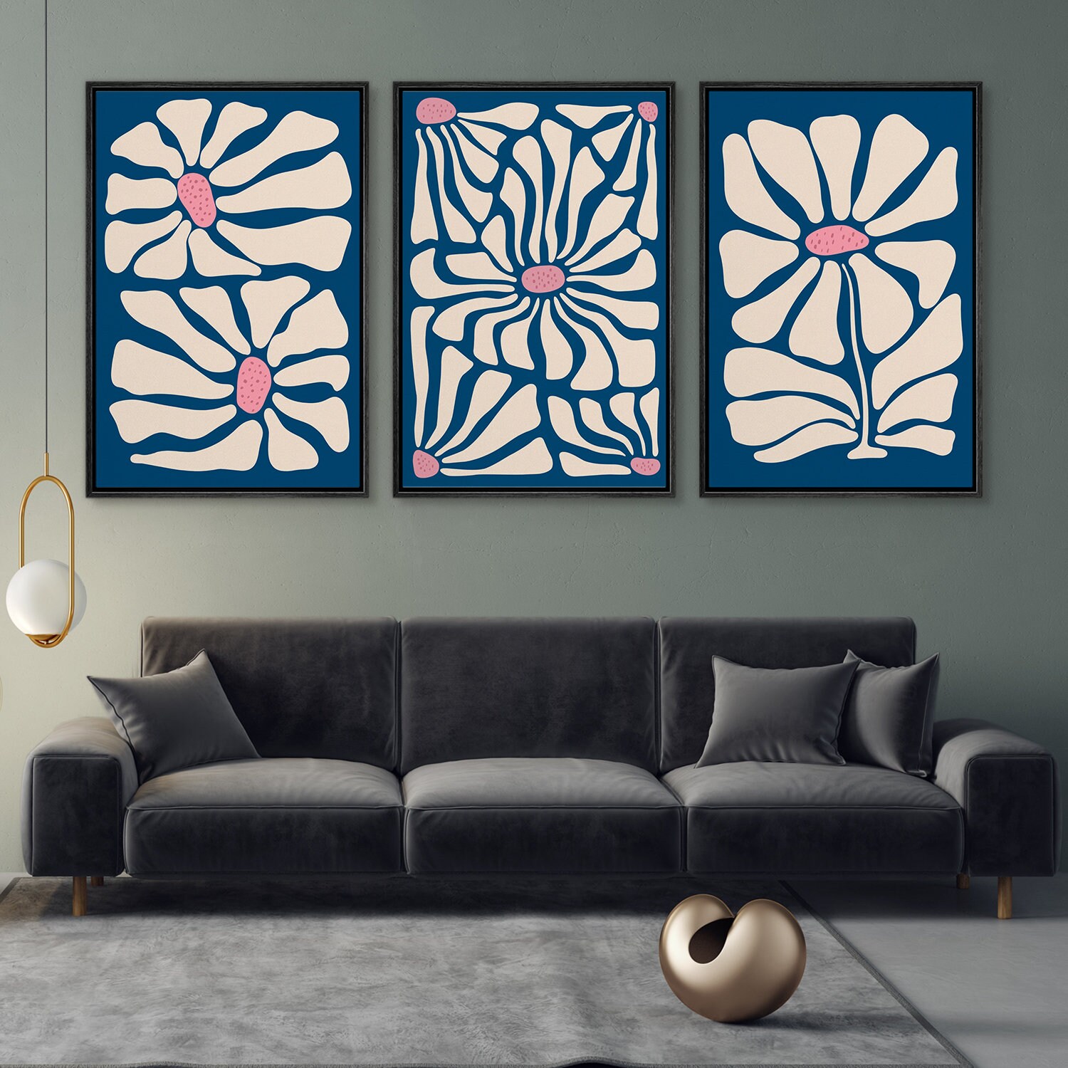 Framed Canvas Wall Art Set of 3 Navy Blue Abstract Floral Botanical ...