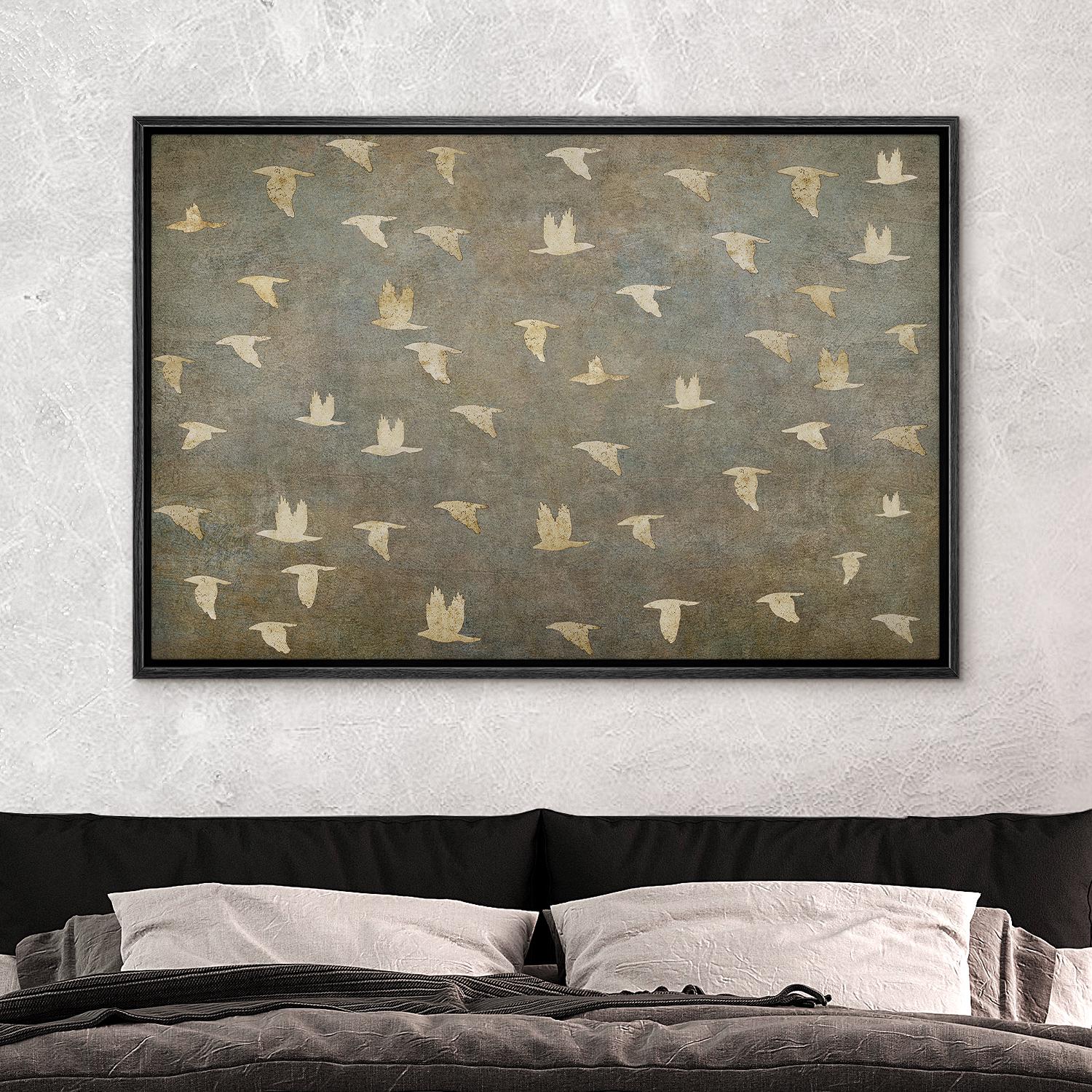 Framed Canvas Wall Art Prints Abstract Flying Flock of Birds in Neutral Tones Rustic Nature Wall Decor Minimalist Artwork Living Room Decor