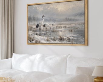 Red Crowned Cranes Winter Wetland Framed Wall Art, Muted Snow Marsh Canvas Print, Farmhouse Living Room Decor
