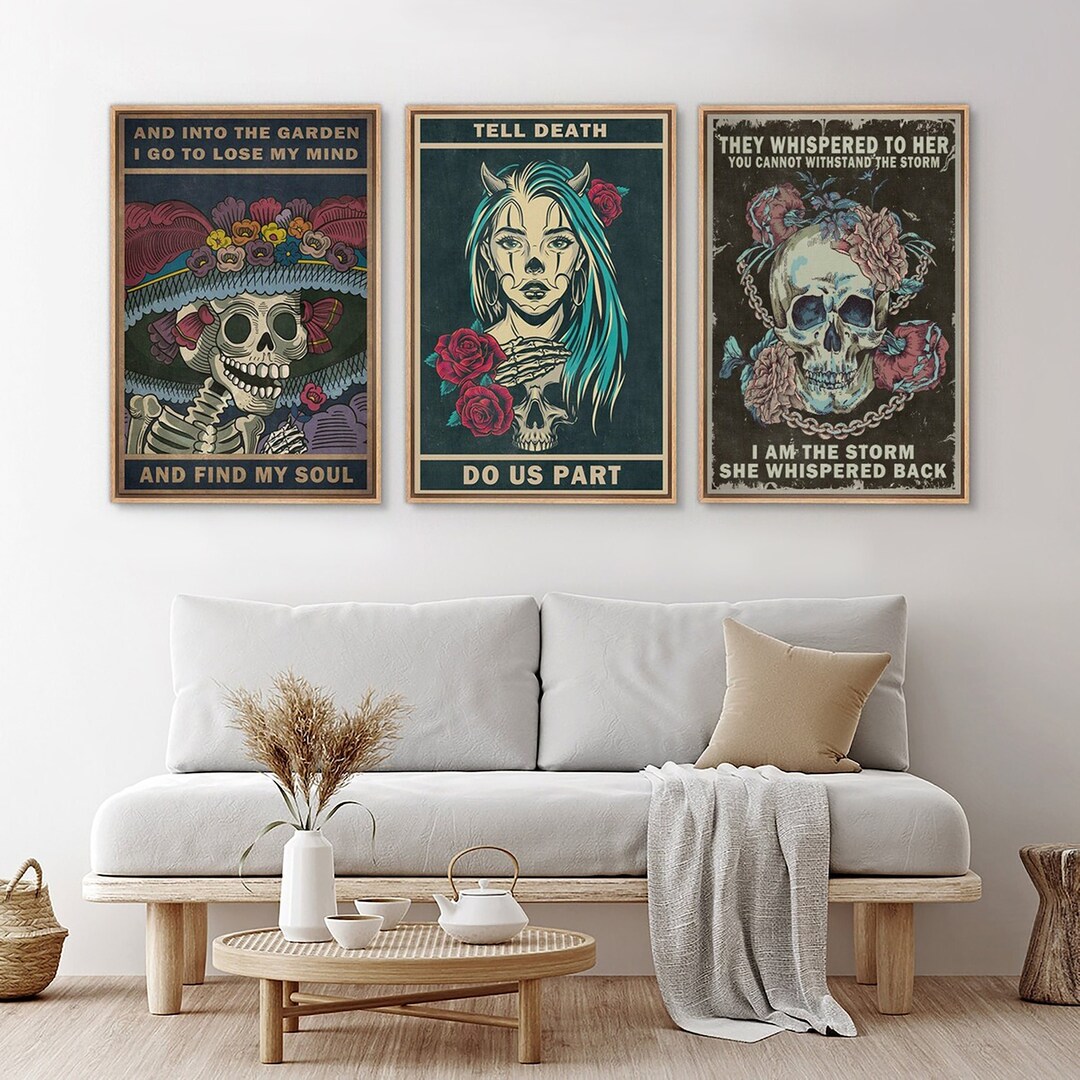 Framed Canvas Wall Art Set of 3 Floral Skeleton Skull Prints