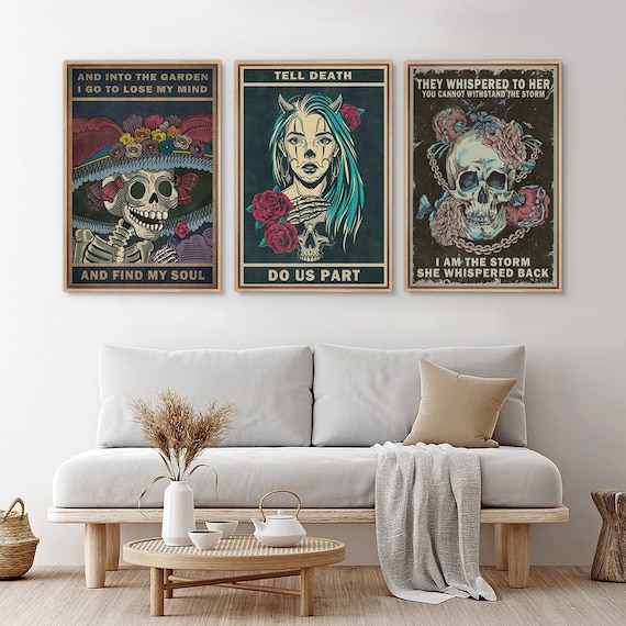 Framed Canvas Wall Art Set of 3 Floral Skeleton Skull Prints
