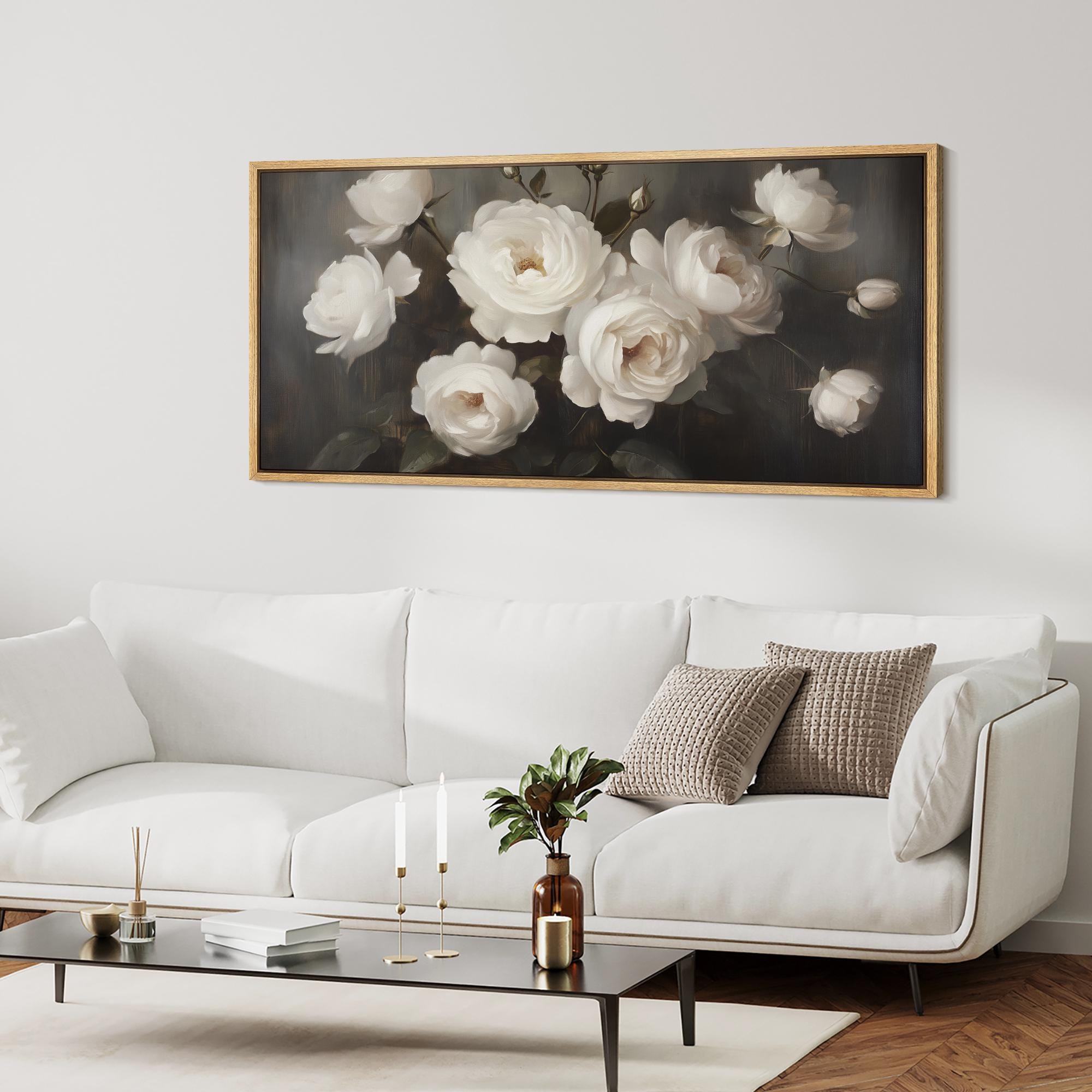 Large Wall Art, Vintage White Rose Canvas Print, Romantic Floral
