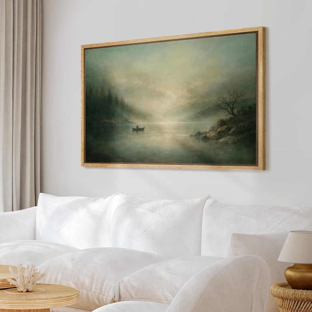 Framed Moody Lake Landscape Wall Art, Misty Forest River Canvas Print ...