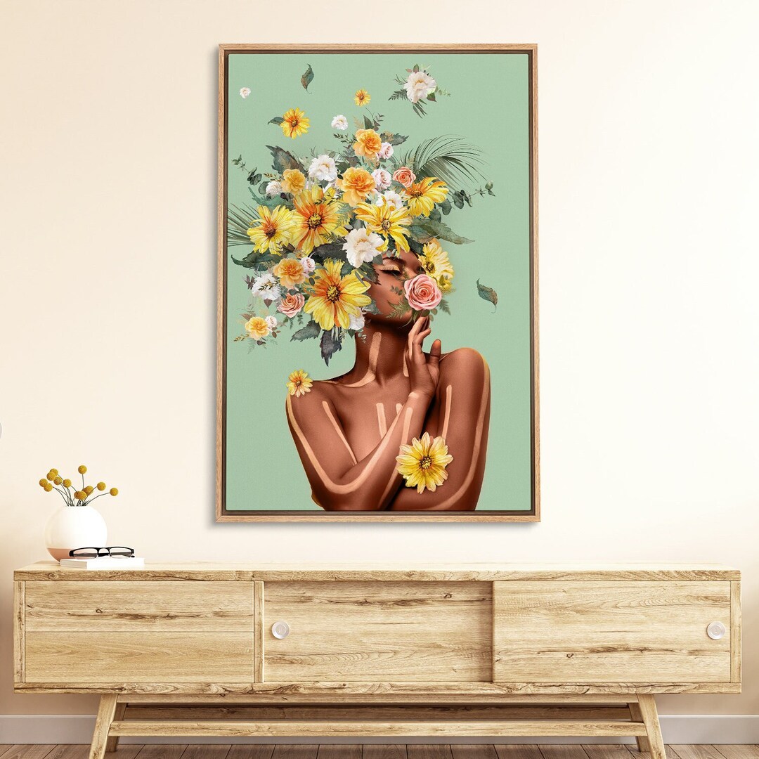 Framed Canvas Wall Art Flower Head Woman Floral Botanical Print ...