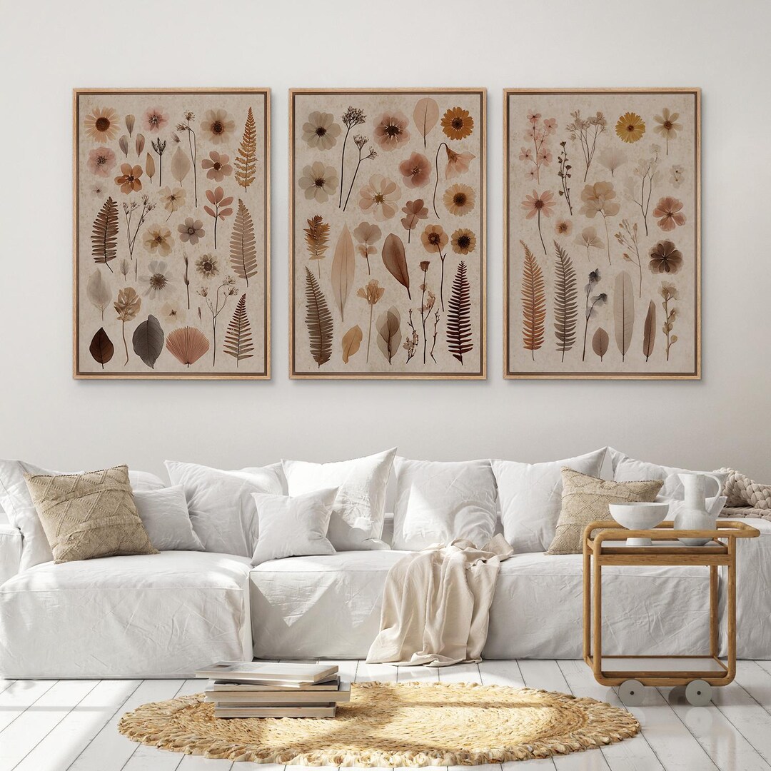 Botanical Pressed Flower Wall Art Set of 3 - Framed Neutral Beige ...