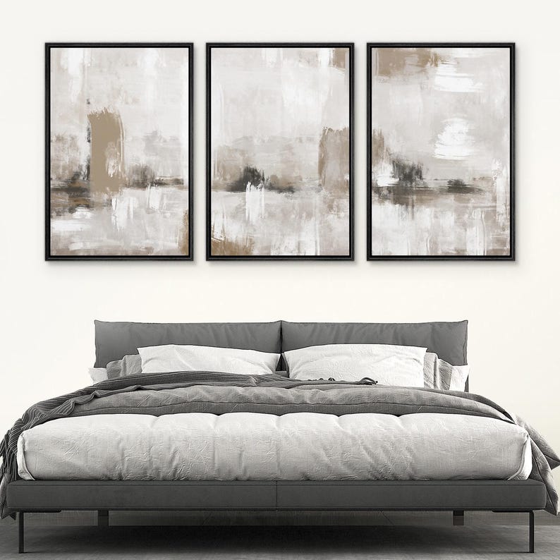 Framed Canvas Print Wall Art Set of 3 Neutral Abstract Print Beige and ...