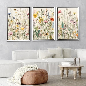 Framed Canvas Wall Art Set Watercolor Wildflowers Floral Botanical Prints Minimalist Modern Art Boho Wall Decor bundle of 3 - White