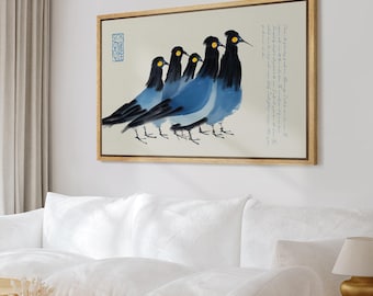Funny Blue & Black Birds Wall Art - Framed Minimalist Ink Canvas Print, Quirky Birds Painting, Asian Style Decor for Bathroom or Living Room