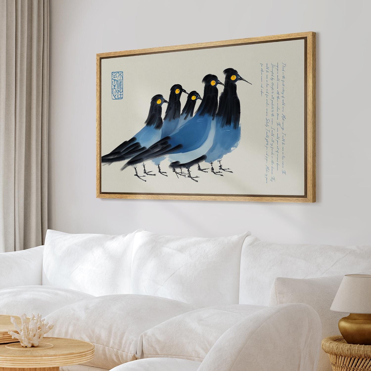 Funny Blue & Black Birds Wall Art - Framed Minimalist Ink Canvas