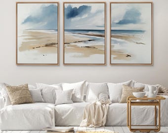 Coastal Beach Wall Art Set of 3 - Framed Watercolor Canvas Prints, Ocean & Sand in Soft Blue Beige Tones, Nordic Zen Decor for Living Room