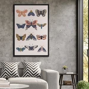 Framed Canvas Wall Art Floral Butterfly Print Mid Century Modern Art Boho Wall Decor Black