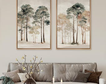 Neutral Forest Tree Framed Wall Art Set of 2, Minimalist Woodland Canvas Prints, Calm Nature Decor for Living Room