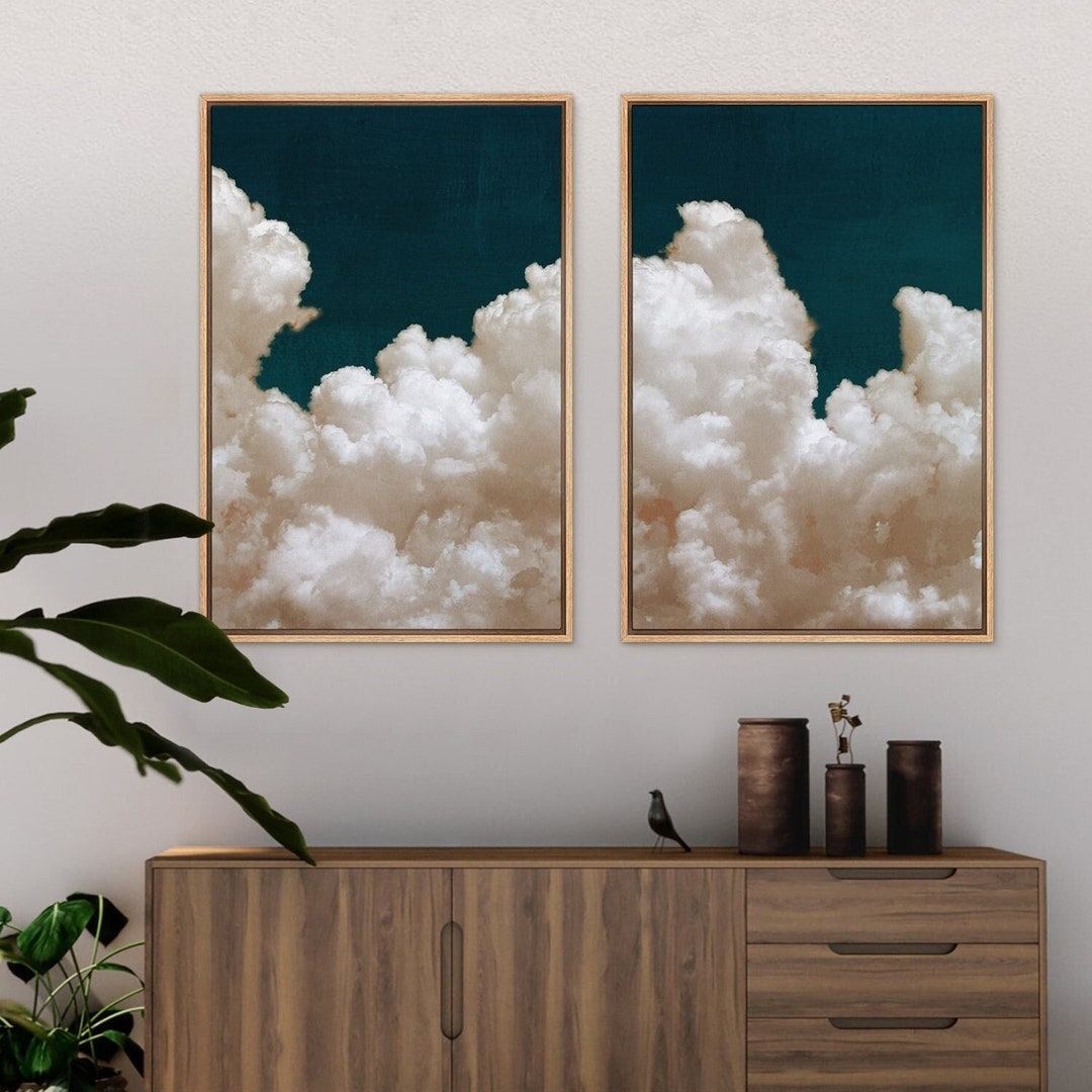 Framed Canvas Wall Art Set of 2 Pastel Cloud Navy Blue Sky Nature ...