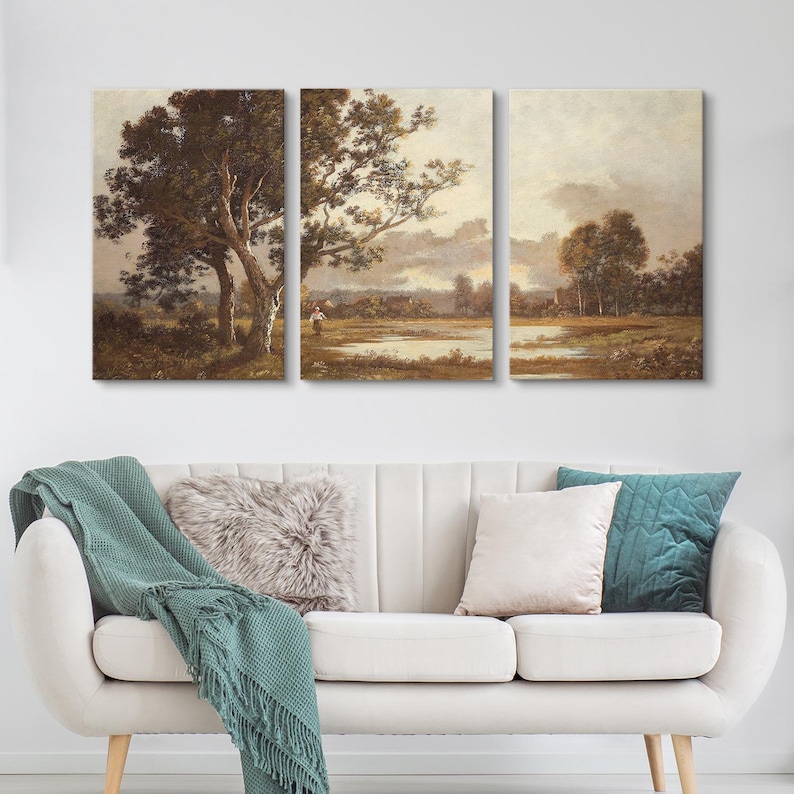 Countryside Wall Art Set of 3 - Framed Vintage Landscape Canvas, Rustic Riverbank Prints, Classic Nature Scene for Farmhouse Decor Canvas