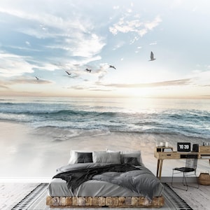 Large Wall Mural - Seacape with Waves on The Beach and Flying Seagulls | Self-Adhesive Vinyl Wallpaper/Removable Modern Wall Decor