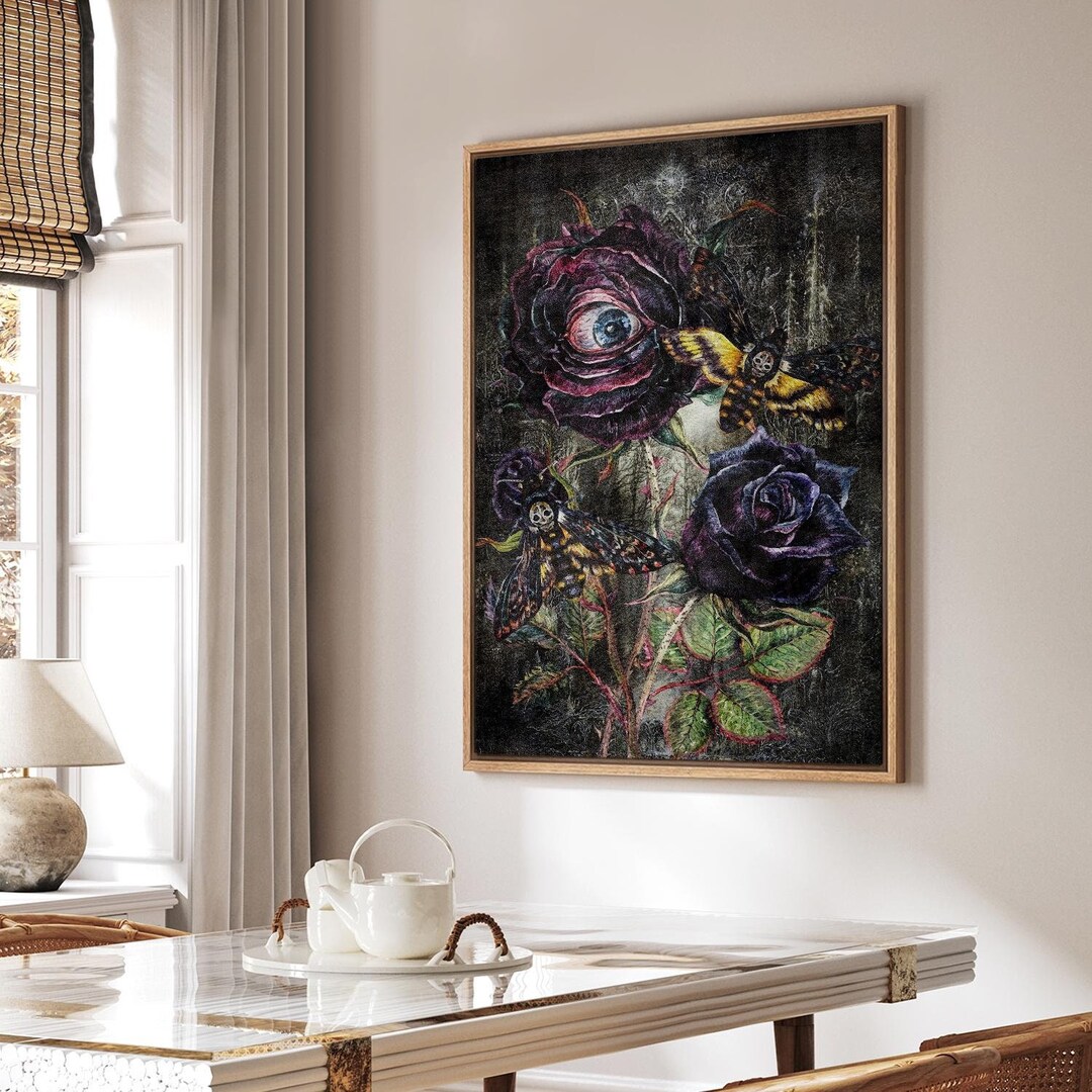 Framed Canvas Wall Art Eye in Moody Dark Flower Print Vintage Botanical ...