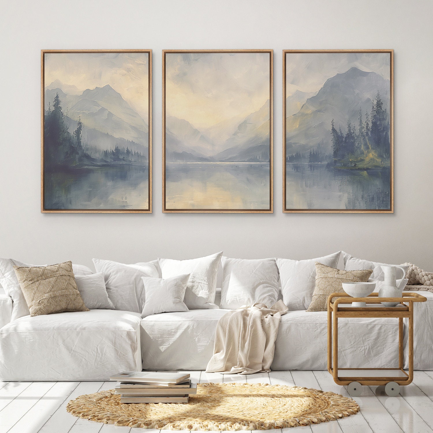 Framed Canvas Wall Art Prints Set Of 3 Abstract Forest Mountain 