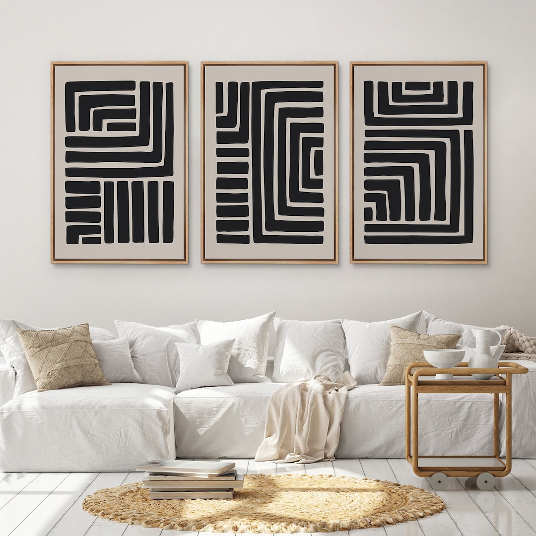 Framed Canvas Wall Art Prints Set of 3 Black Geometric Abstract Line ...