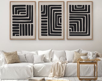 Framed Canvas Wall Art Prints Set of 3 Black Geometric Abstract Line Art Print Minimalist Modern Neutral Wall Art Living Room Decor