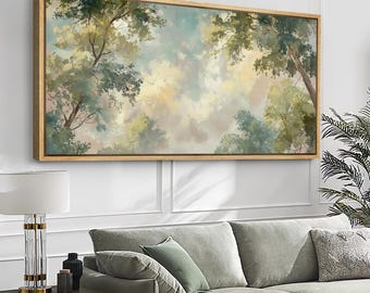 Large Framed Soft Tree Canopy Sky Wall Art, Looking Up Forest Canvas Print, Light Green Nature Artwork for Soothing Bedroom Decor