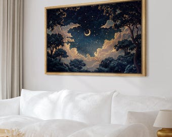 Starry Night Wall Art - Framed Crescent Moon & Sky Canvas Print, Dreamy Fantasy Landscape Art for Magical Bedroom or Living Room Decor