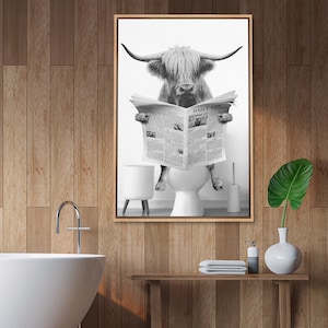 Framed Canvas Wall Art Highland Cow Sitting on the Toilet Animal Print ...