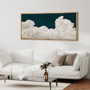 Framed Canvas Large Wall Art Abstract Blue White Cloud Art Print Minimalist Modern Vintage Wall Art Horizontal Art Prints Wall Decor
