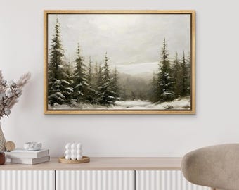 May include: A framed painting of a snowy forest scene with tall evergreen trees in the foreground and a hazy, white background.