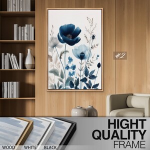 Framed Canvas Wall Art Prints Set of 3 Navy Blue Wildflowers Botanical ...