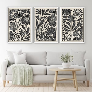 Framed Canvas Wall Art Set Abstract Floral Botanical Prints Minimalist Modern Art Boho Wall Decor bundle of 3 - White