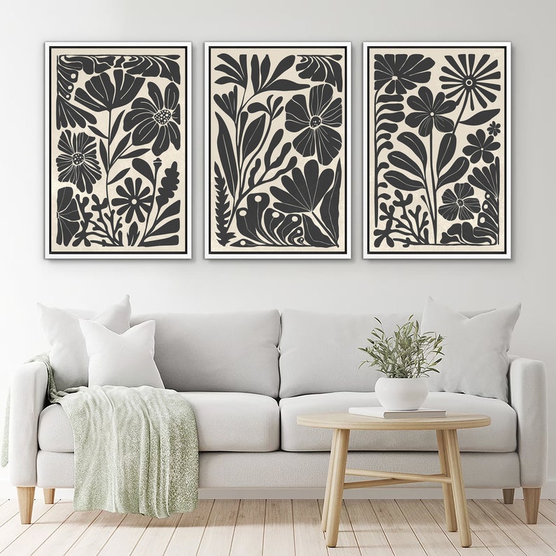 Framed Canvas Wall Art Set Abstract Floral Botanical Prints Minimalist Modern Art Boho Wall Decor bundle of 3 - White