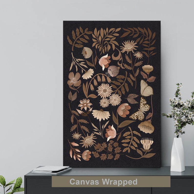 Framed Canvas Wall Art Moody Flowers Floral Botanical Print Minimalist Modern Art Boho Wall Decor Canvas Wrapped