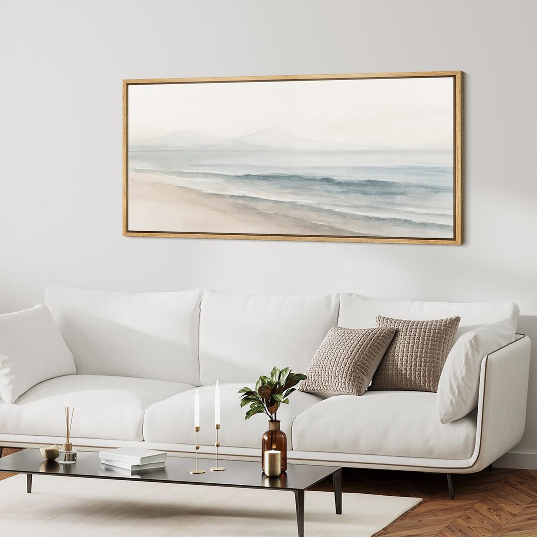 Minimalist Coastal Watercolor Wall Art, Large Framed Serene Ocean ...