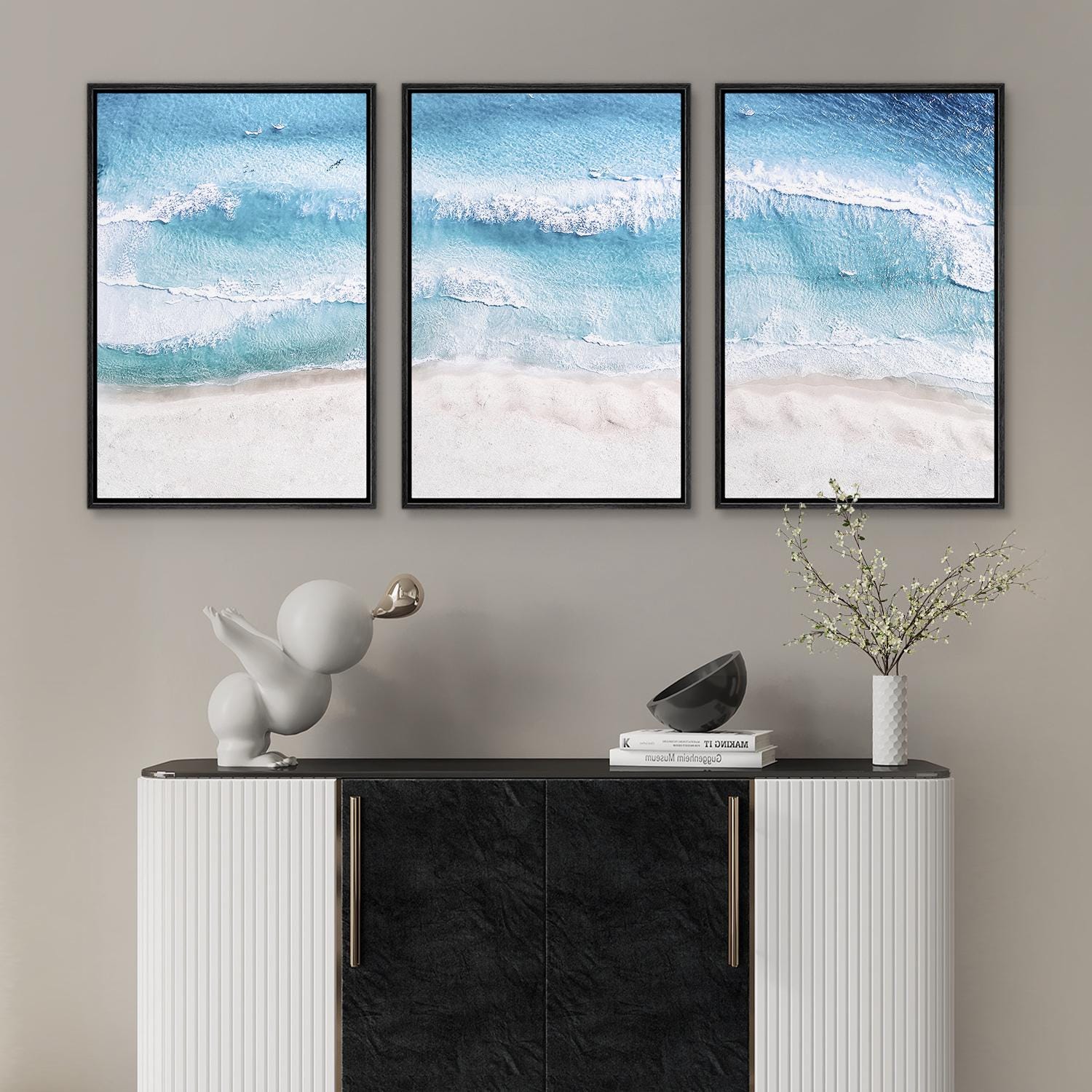 Beach Wall Art Set of 3 - Framed Ocean Wave Photography, Blue Coastal ...