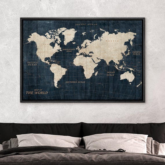 Framed Vintage Blue World Map Wall Art, Classic Geography Canvas