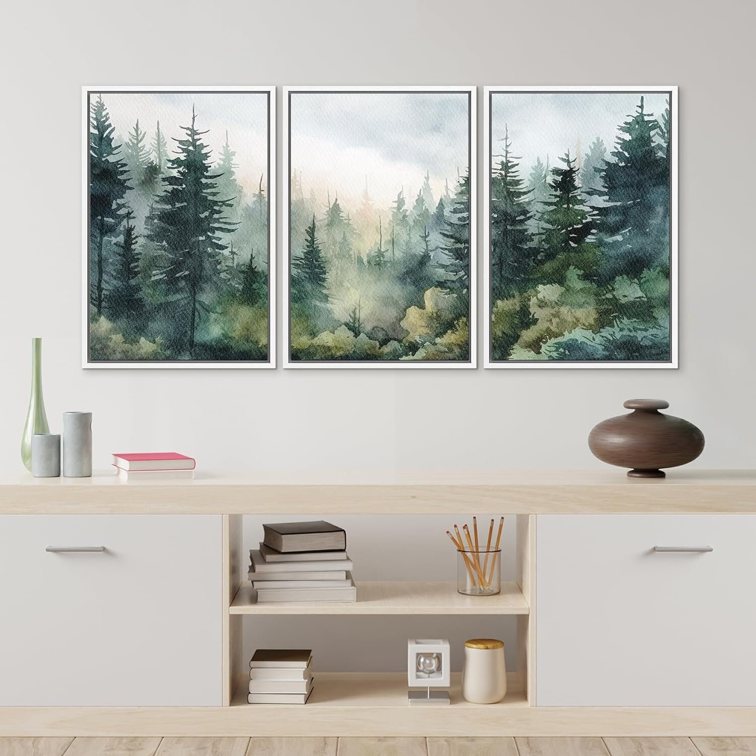 Framed Canvas Wall Art Set of 3 Green Watercolor Forest Landscape ...
