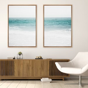 Framed Canvas Wall Art Set of 2 Blue Beach Ocean Photography Prints ...