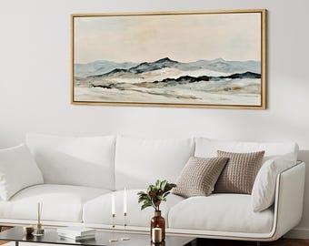Large Neutral Mountain Framed Wall Art, Muted Blue Beige Landscape Canvas Print, Minimalist Nature Decor for Living Room