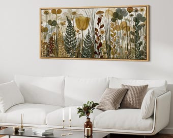 Large Neutral Wildflower Framed Wall Art, Vintage Pressed Botanical‑Inspired Canvas Print, Earth Tone Cottage Living Room Decor