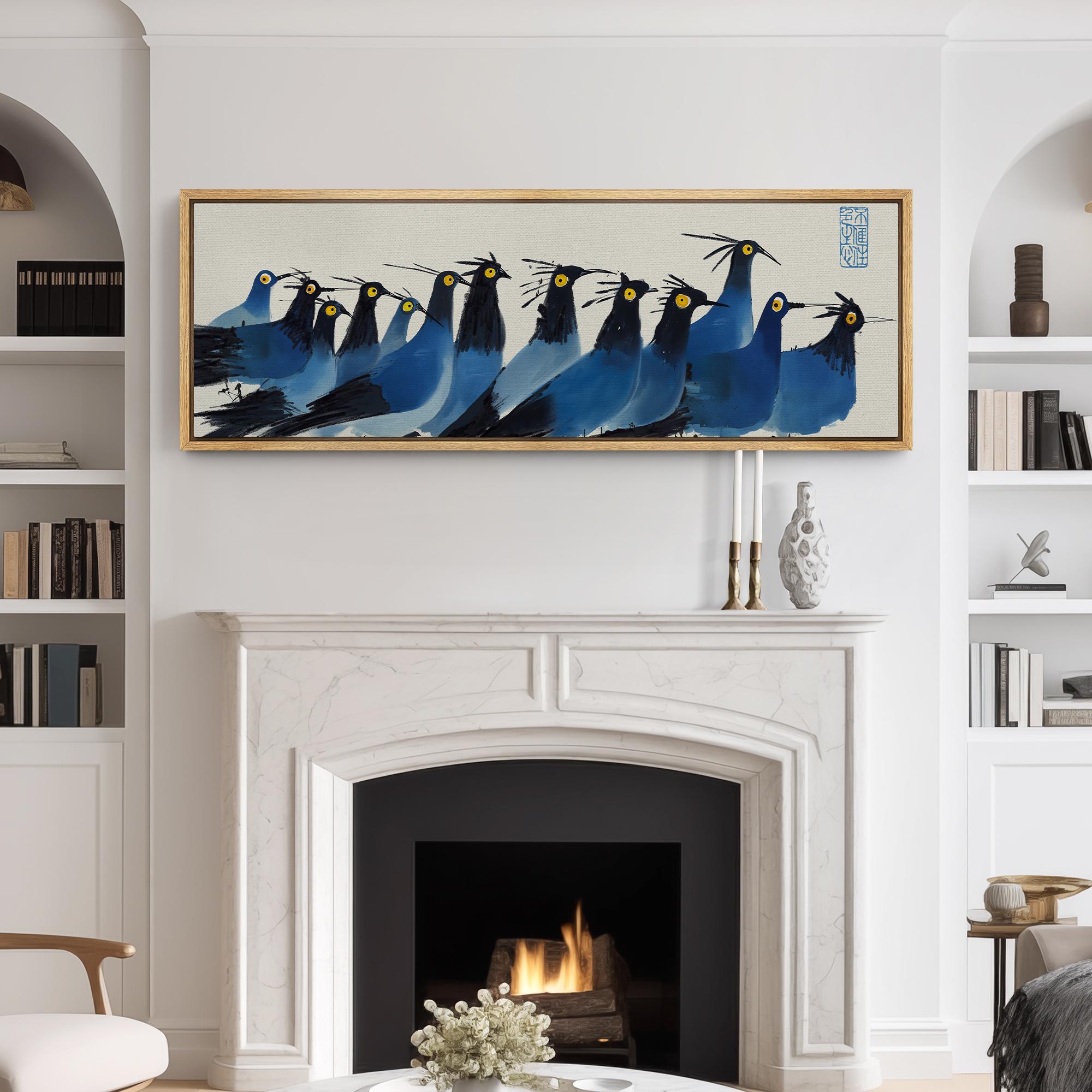 Blue Birds Wall Art - Large Framed Flock Print, Quirky Japanese
