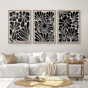 Juego de 3 impresiones artísticas de pared enmarcadas con diseño floral botánico abstracto, minimalista, moderno, bohemio, para decoración de pared.