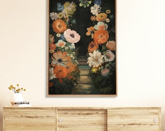 Framed Canvas Wall Art Moody Flowers Floral Path Print Minimalist Modern Art Dark Academia Room Decor