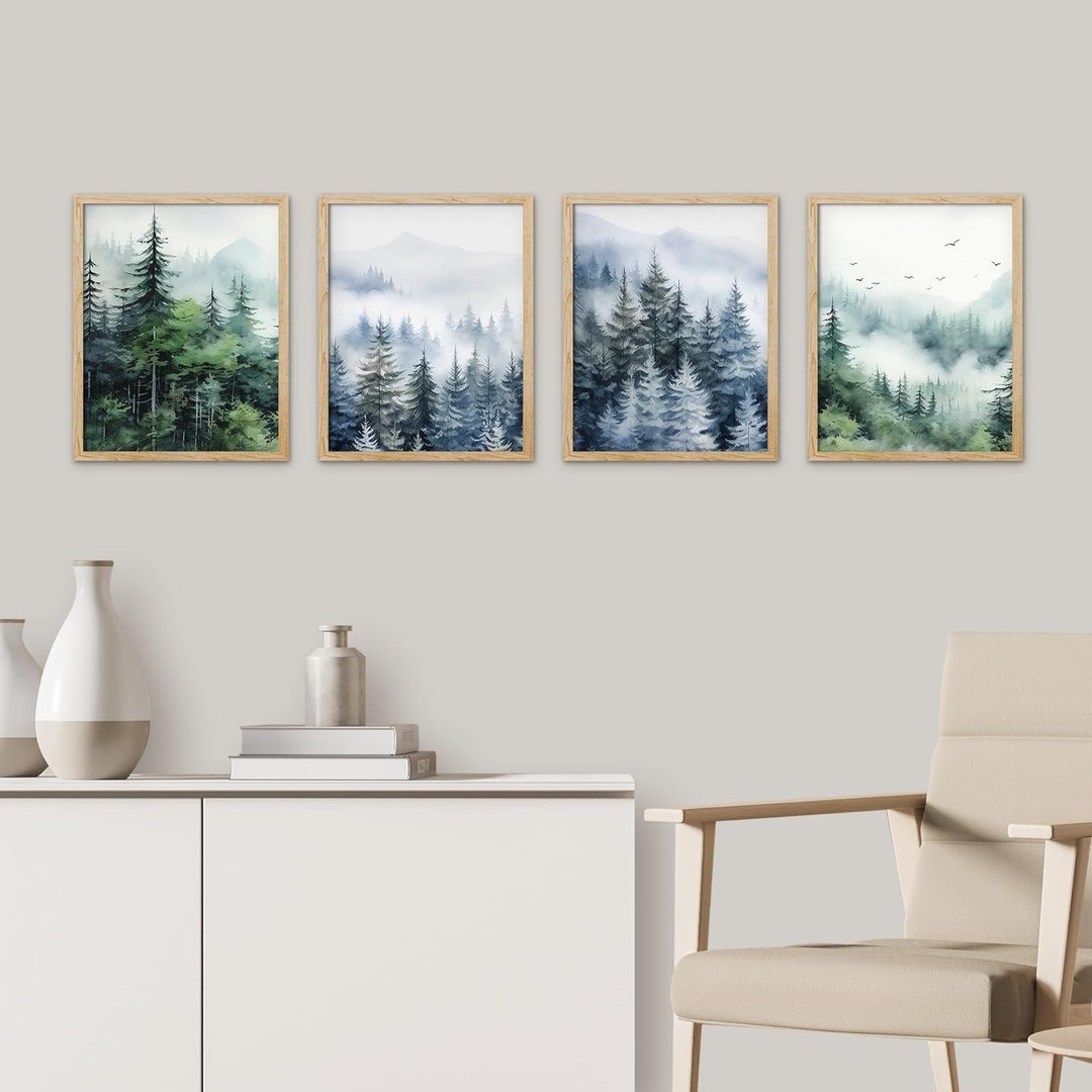 Framed Wall Art Prints Set of 4 Wall Art Watercolor Forest Landscape