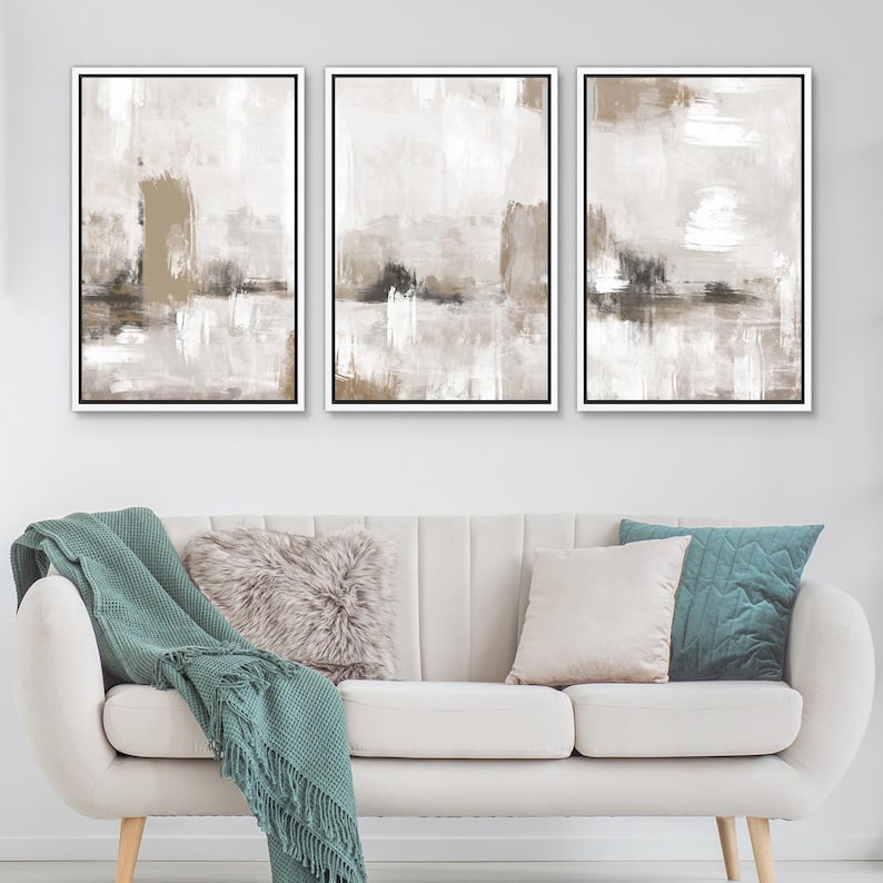 Framed Canvas Print Wall Art Set of 3 Neutral Abstract Print Beige and ...