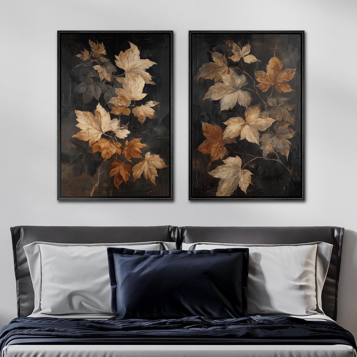 Golden Brown Leaf Wall Art Set of 2, Framed Modern Rustic Botanical ...