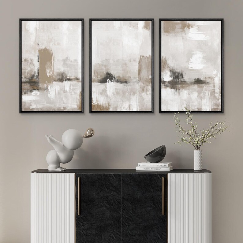 Framed Canvas Print Wall Art Set of 3 Neutral Abstract Print Beige and ...