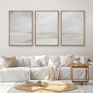 Framed Canvas Wall Art Set of 3 Gray Abstract Beach Prints Minimalist Modern Art Neutral Wall Decor