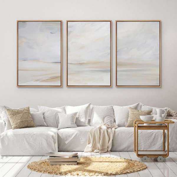 Framed Neutral Abstract Landscape Wall Art Set of 3, Soft Minimalist Beige Modern Canvas Prints, Calm Contemporary Decor for Bedroom