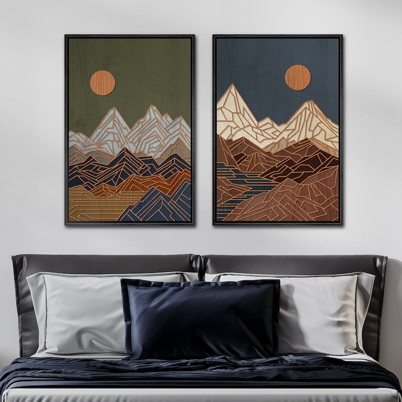 Framed Canvas Wall Art Set of 2 Sunset Mountain Landscape Abstract ...