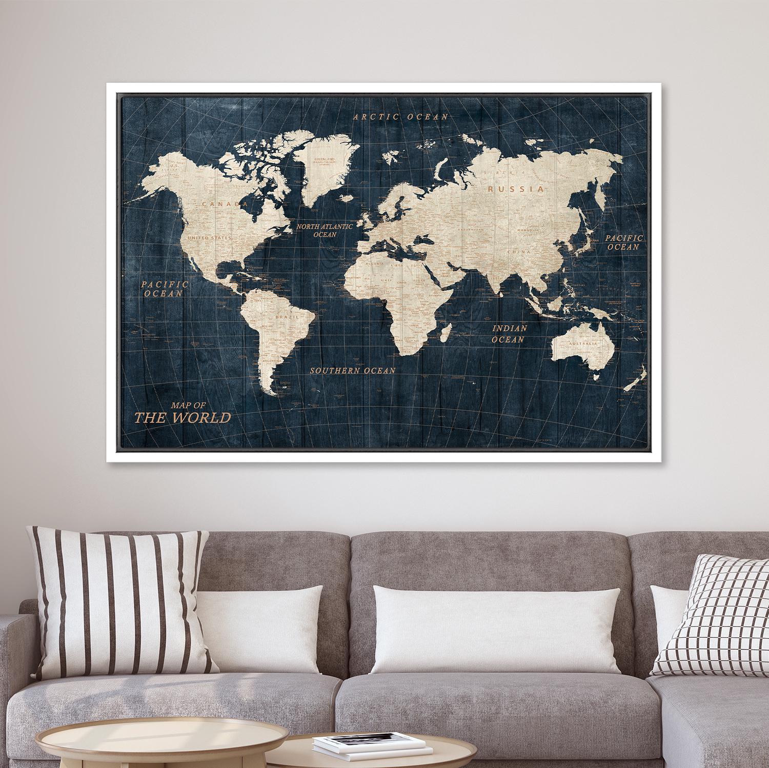 Framed Vintage Blue World Map Wall Art, Classic Geography Canvas